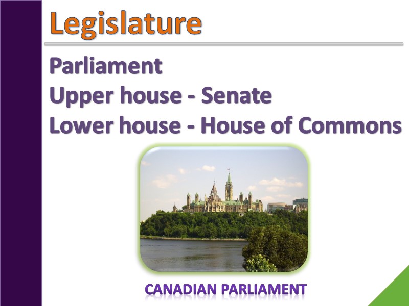 Legislature Parliament Upper house - Senate Lower house - House of Commons Canadian parliament